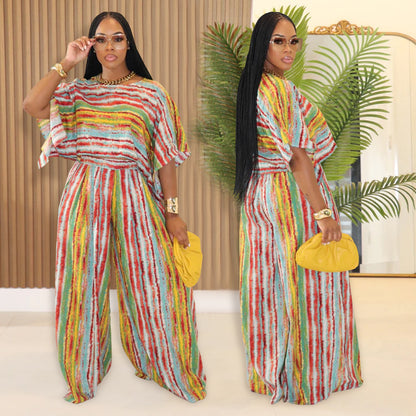 Casual Striped Top and Long Pants Two-Piece Set for Women