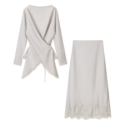Irregular long sleeved top+long skirt set