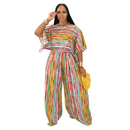 Casual Striped Top and Long Pants Two-Piece Set for Women