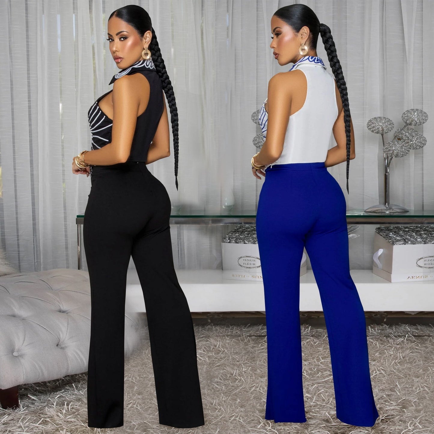 Elegant Printed Top and Long Pants Two-Piece Set for Women