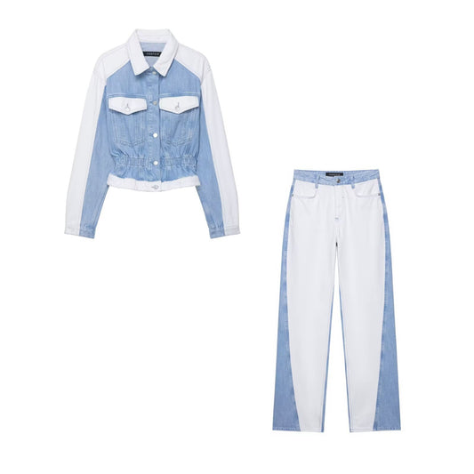Splicing denim jacket jacket+pants set