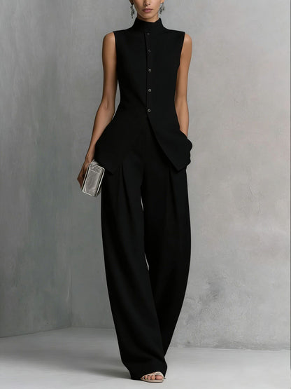 Solid color sleeveless pants set