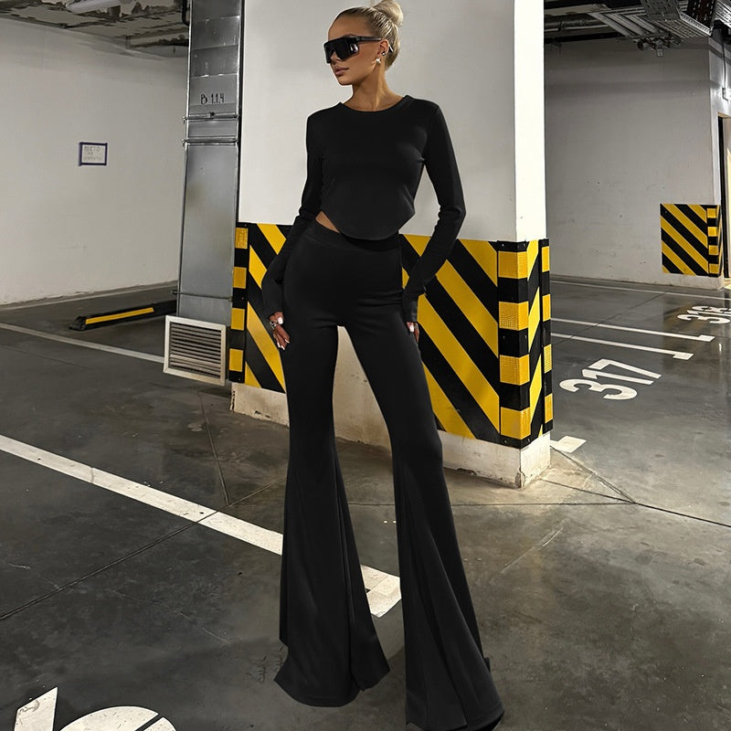 Women's Elegant Fitted Long Sleeve Top and Flare Pants Set
