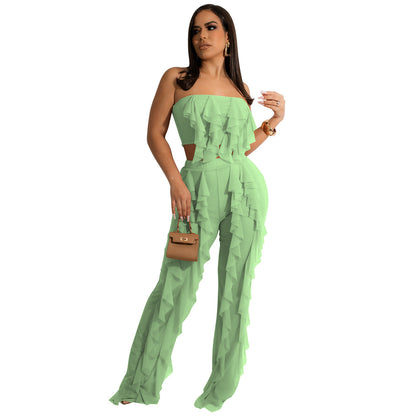 Solid color strapless patchwork pants set