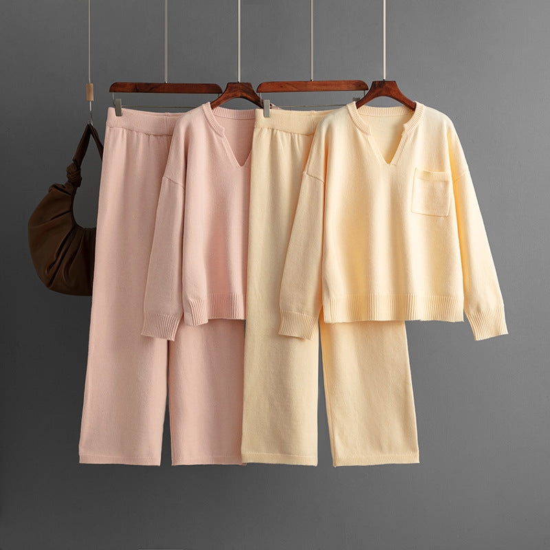 V-neck loose solid color split sweater two-piece set