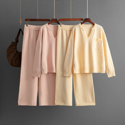 V-neck loose solid color split sweater two-piece set