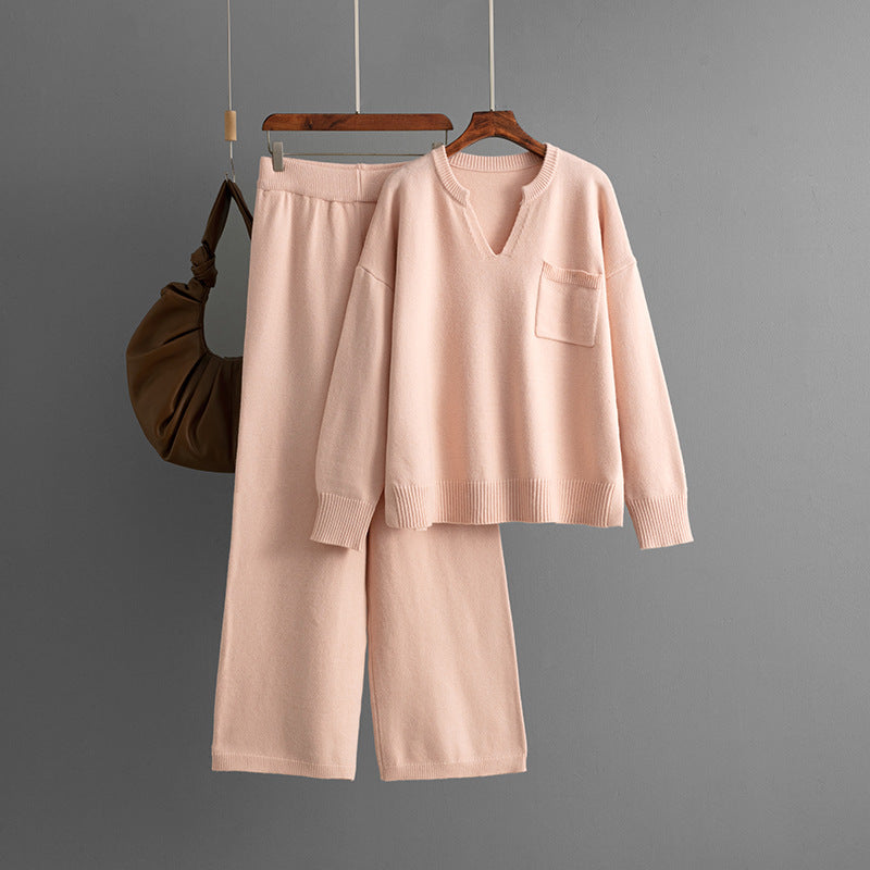 V-neck loose solid color split sweater two-piece set