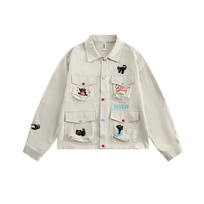 Cartoon cat embroidered multi pocket workwear jacket