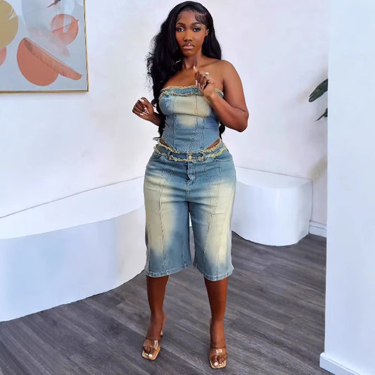 Women's Fashion Denim Set with Raw Hem Crop Top and High-Waisted Denim Shorts