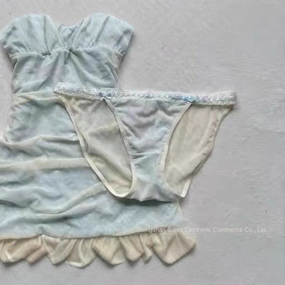 Spliced Lace Summer Waist-cinching Slimming Strapless Dress and Panty Set