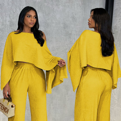 Casual Solid Color Top and Long Pants Two-Piece Set for Women