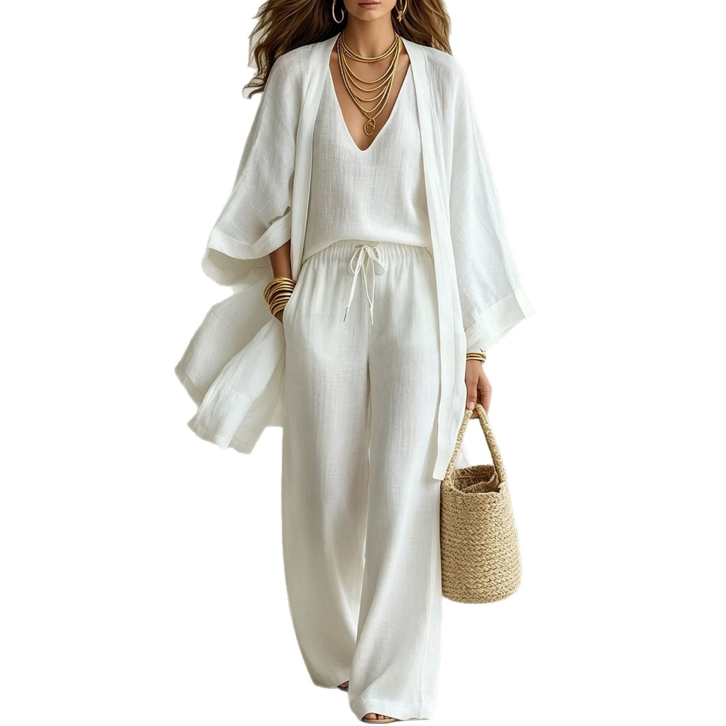 Loose cardigan sleeveless vest long pants three piece set for women