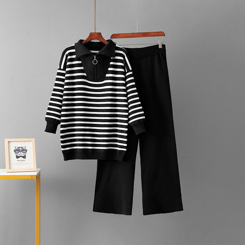 Striped sweater set, women's loose two-piece set