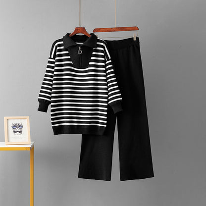 Striped sweater set, women's loose two-piece set