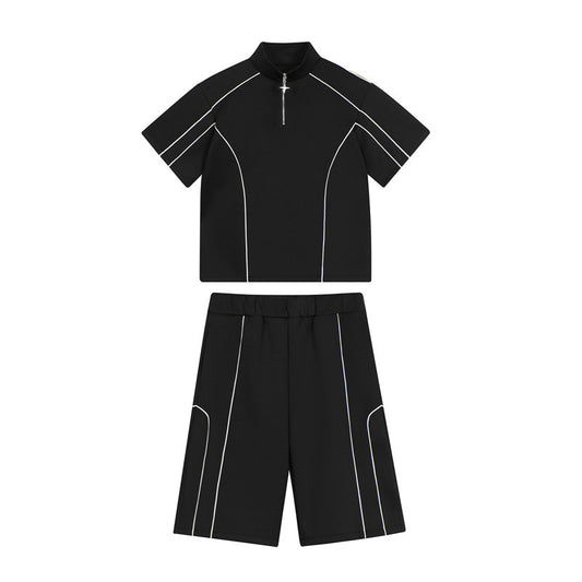 Loose half zipper niche shorts two-piece set