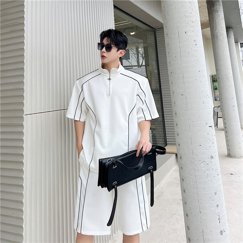 Loose half zipper niche shorts two-piece set