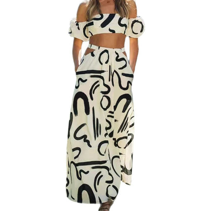 Bubble Sleeve Top Hollow Flare Long Skirt Separated Dress Set