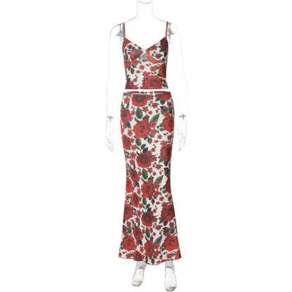 Print V-neck Mini Strapless Bodycon Long Dress Set for Women