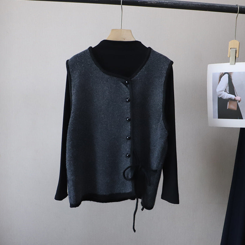 High Neck Inner Wear T-Shirt + Knitted Vest Set for Women