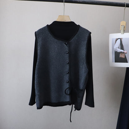 High Neck Inner Wear T-Shirt + Knitted Vest Set for Women