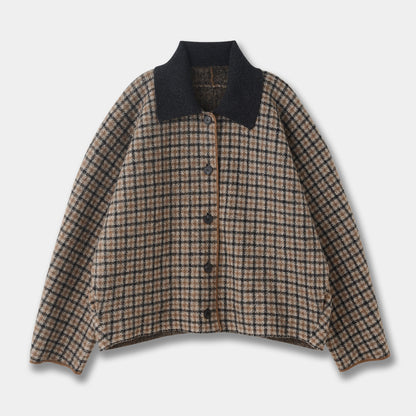 Wool Knit Plaid Set Brown Jacket Mini Skirt Women