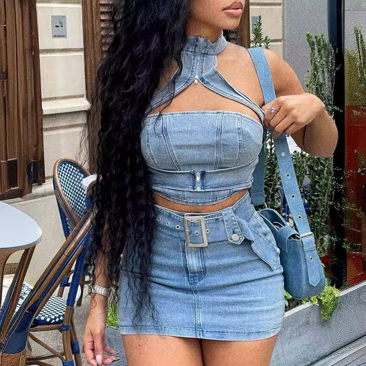 Washed Stretch Denim Halter Zipper Sexy Casual Dress Set