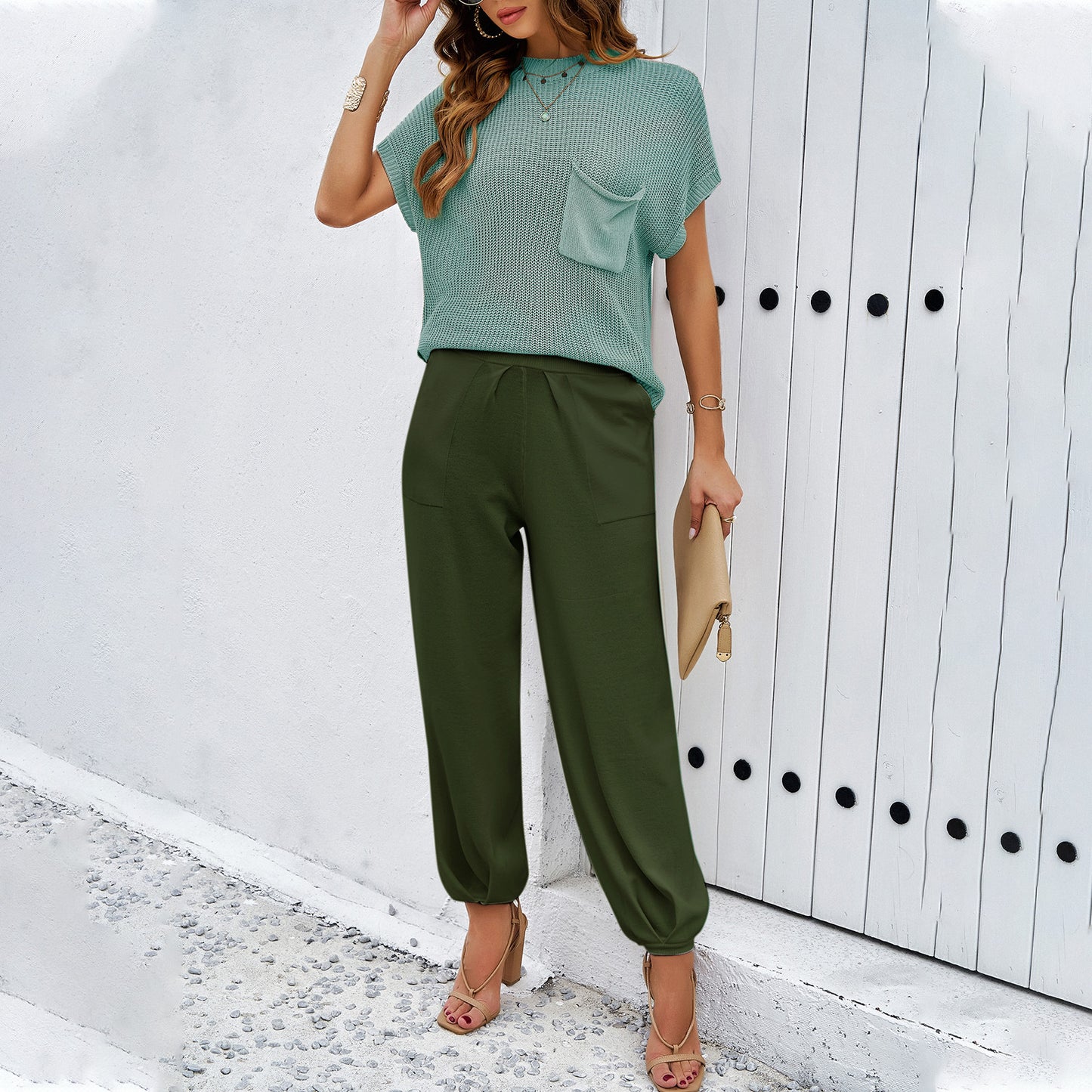 Casual Solid Color Woolen Legged Pants Set