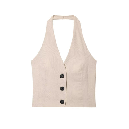 Women's Linen Halter Neck Top + Belted Midi Skirt Set