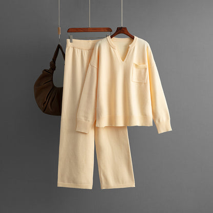 V-neck loose solid color split sweater two-piece set