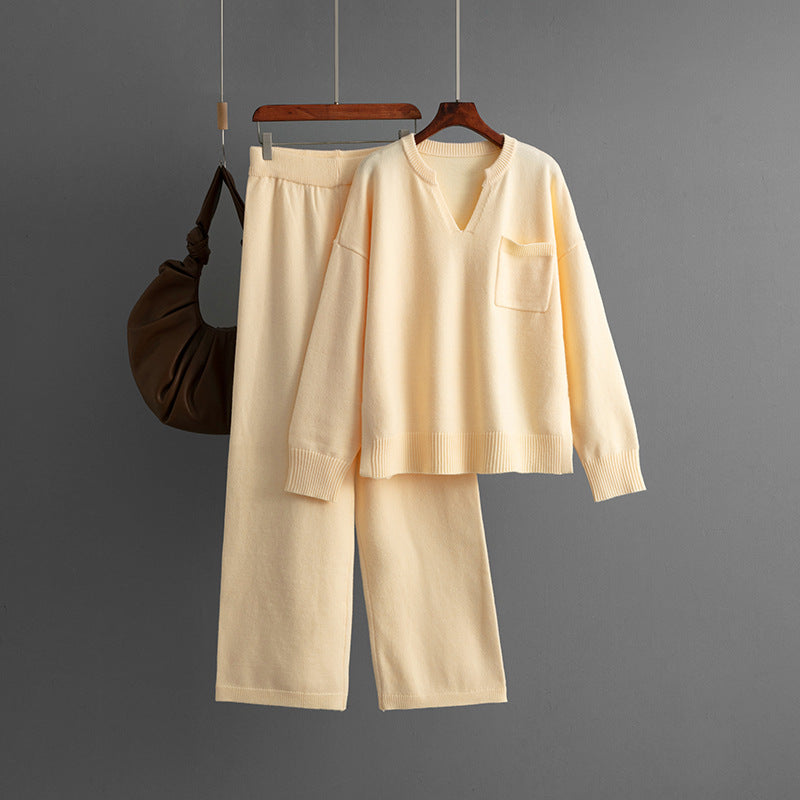 V-neck loose solid color split sweater two-piece set