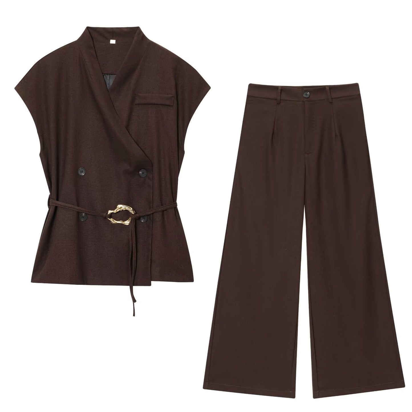 Golden Buckle Decorated Top + Casual Long Pants Set for Women