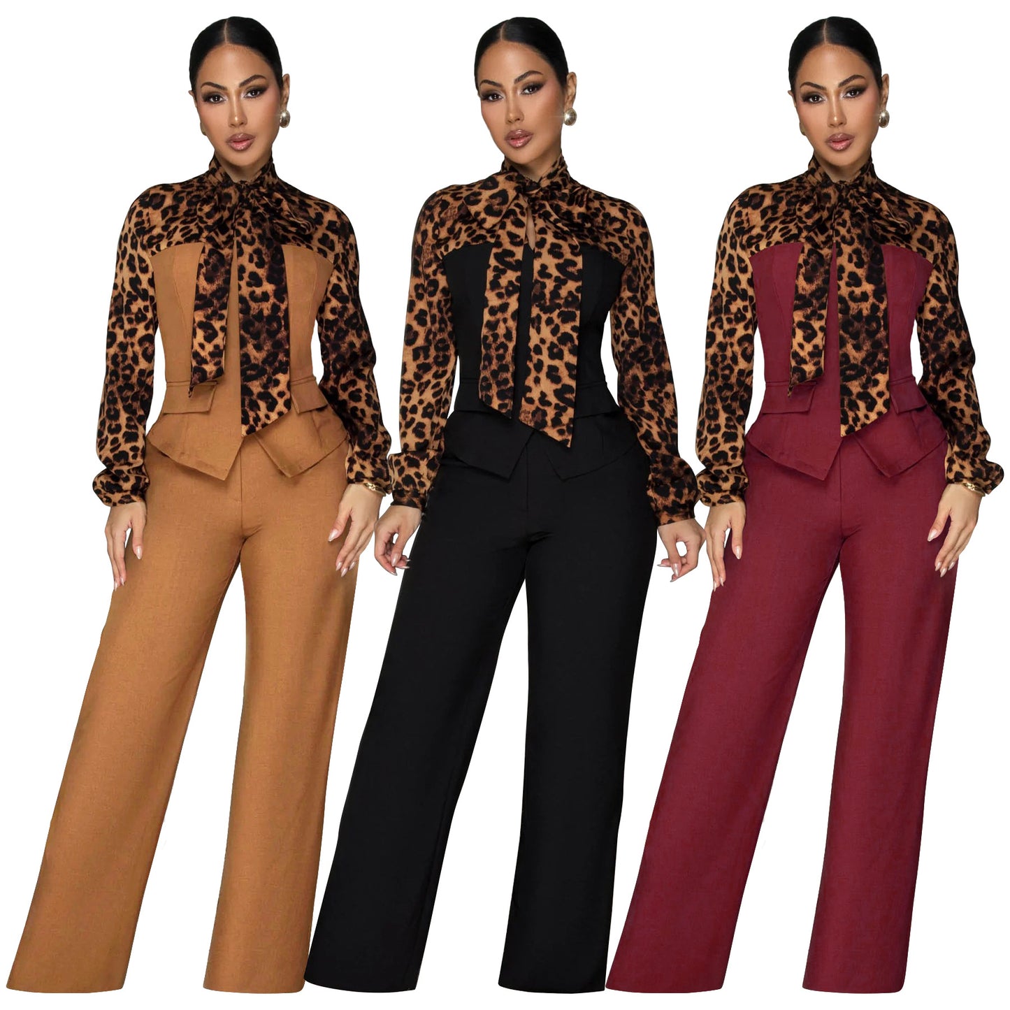 Women's leopard print collar shirt set