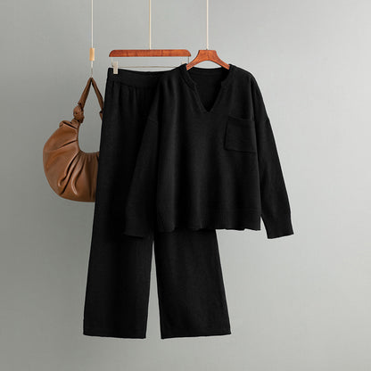 V-neck loose solid color split sweater two-piece set
