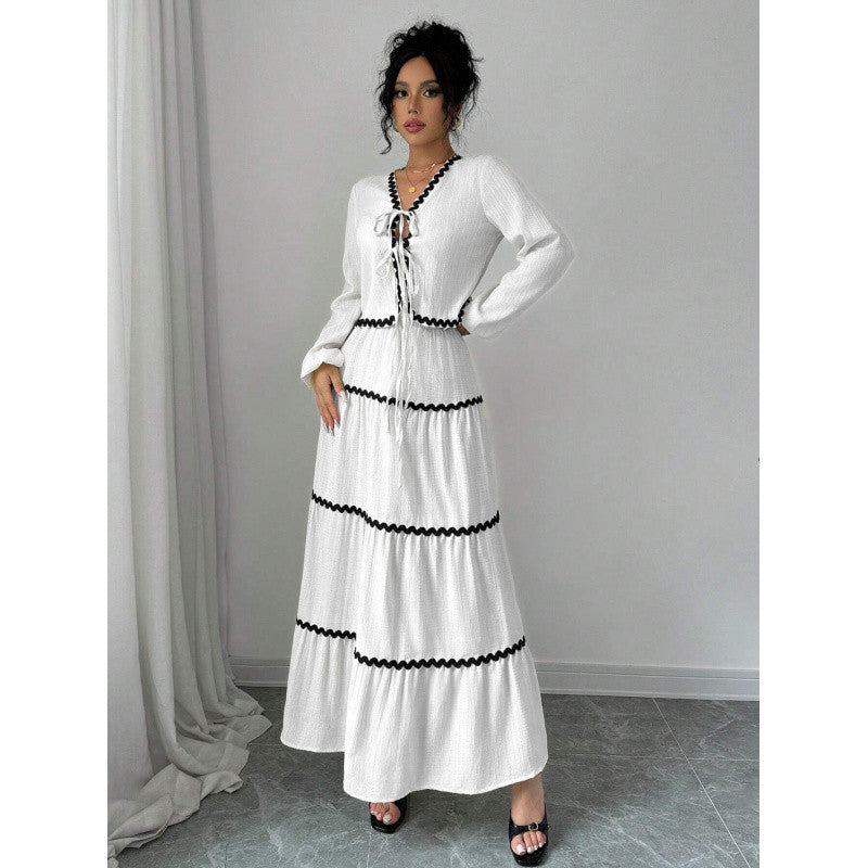 Elegant Vacation Style Long Sleeve Belted Lace A-Line Dress Set