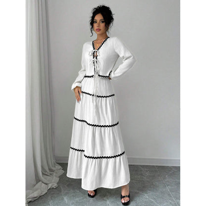 Elegant Vacation Style Long Sleeve Belted Lace A-Line Dress Set