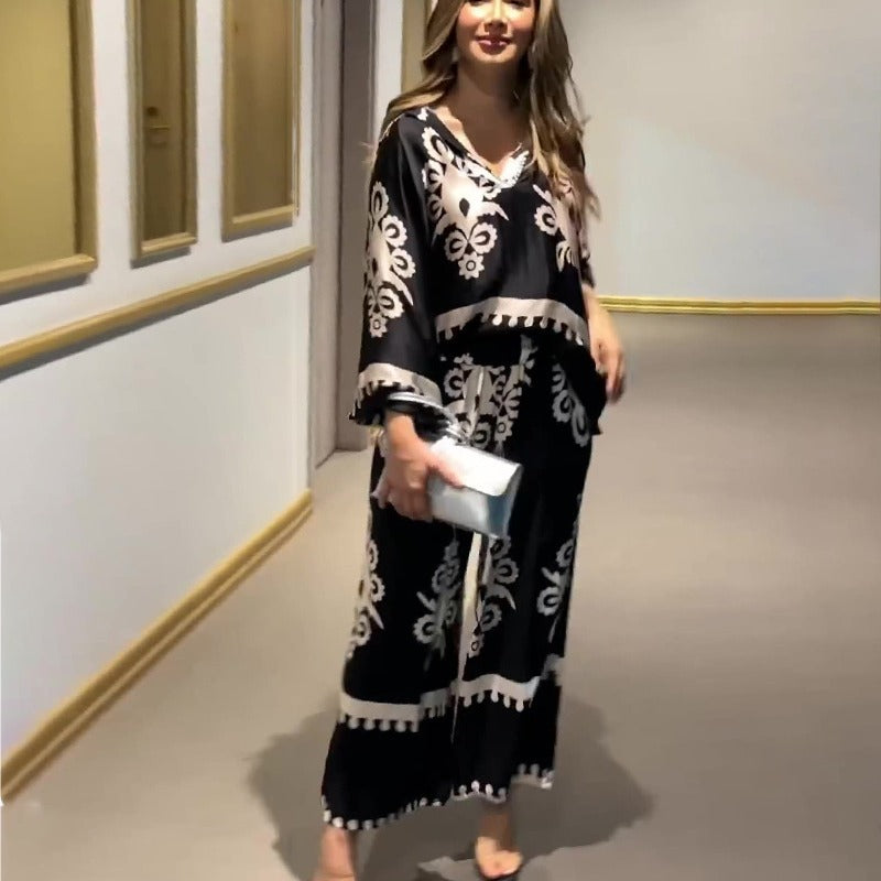 Women's Two-Piece Set Long Sleeve Top with Irregular Print and Pants