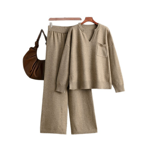 V-neck loose solid color split sweater two-piece set