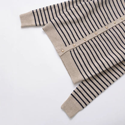 Striped long sleeved buttoned knit sweater jacket