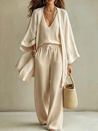Loose cardigan sleeveless vest long pants three piece set for women