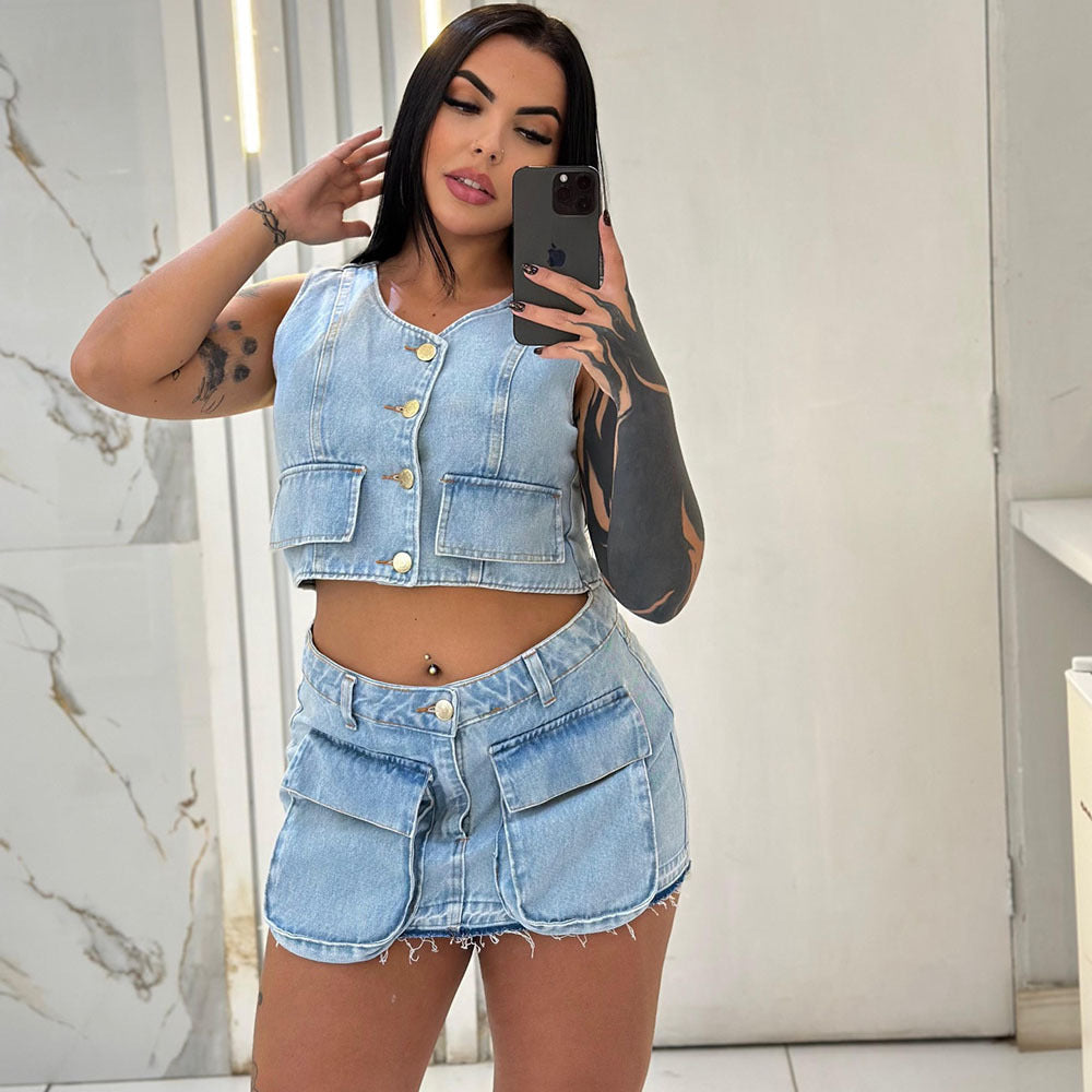 Women's Denim Dress Set, Short Sleeveless Vest with Raw Hem Pockets and Mini Skirt