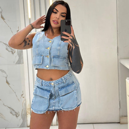 Women's Denim Dress Set, Short Sleeveless Vest with Raw Hem Pockets and Mini Skirt