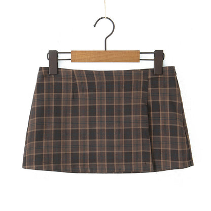 Fashion patchwork plaid top+short skirt set