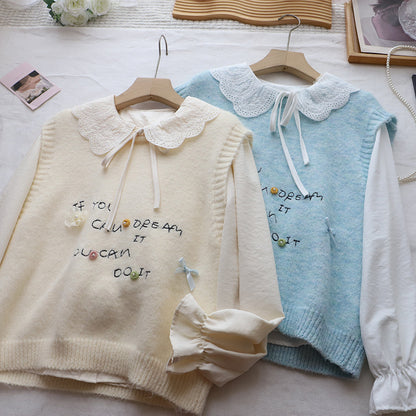 [Two-Piece Set Shirt + Sweet Youthful Letter Knit Vest for Women