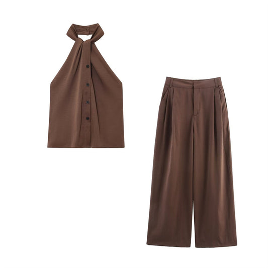 Elegant Off-the-Shoulder Top and Wide-Leg Pants Set with Style Design