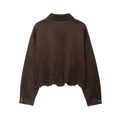 Hollow Hem  Velvet Texture Effect  Coat  Wide Leg Pants Set