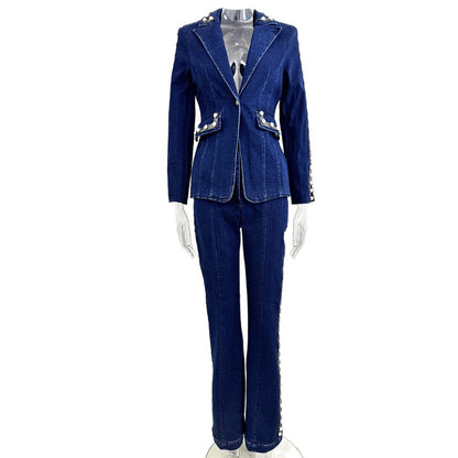 Fashionable Embroidered Washed Denim Jacket and Pants Two-Piece Set