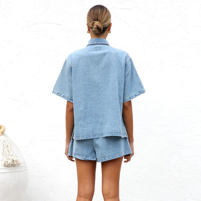 Loose pocket short sleeved shirt shorts denim two-piece set