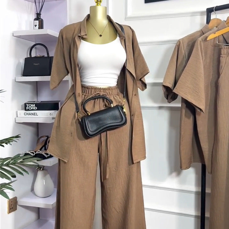 Collar loose short sleeved shirt and pants set