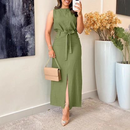 Sleeveless Top + Front Slit Skirt with Waist Tie Design Set