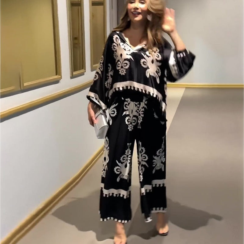 Women's Two-Piece Set Long Sleeve Top with Irregular Print and Pants